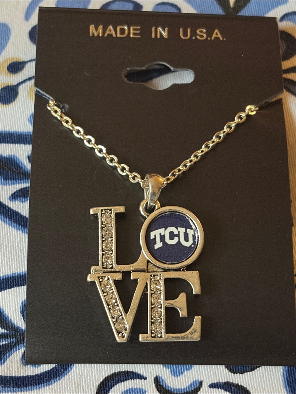 Silver-Tone 'LOVE' Necklace with Rhinestones and Purple TCU Medallion